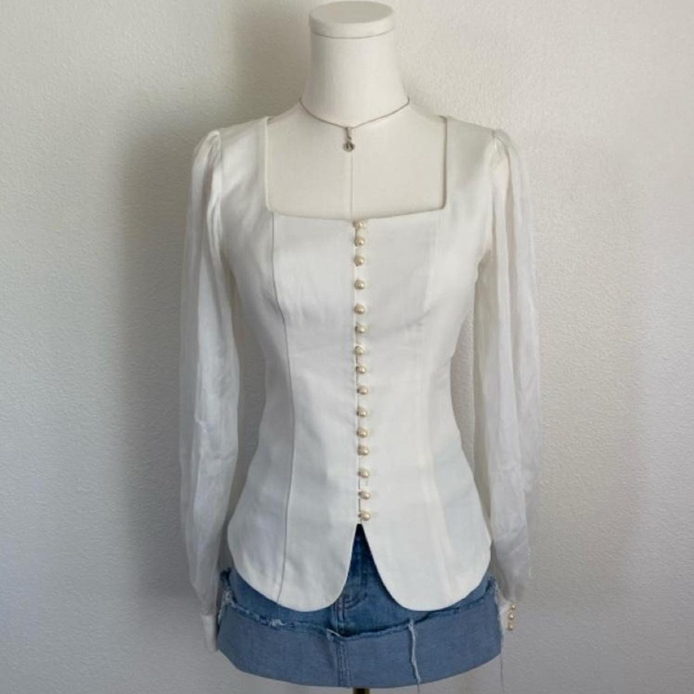 Vintage Corset Blouse Square Neckline Regency Coquette Milkmaid - Picture 1 of 8